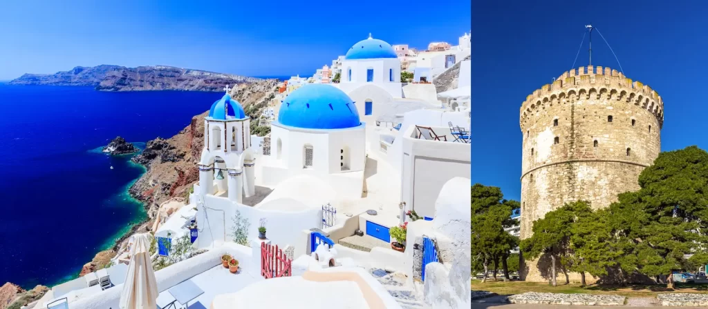 A split-panel photograph showing the blue-domed churches of Oia, Santorini, overlooking the sea on the left, and the historic White Tower of Thessaloniki surrounded by trees on the right.